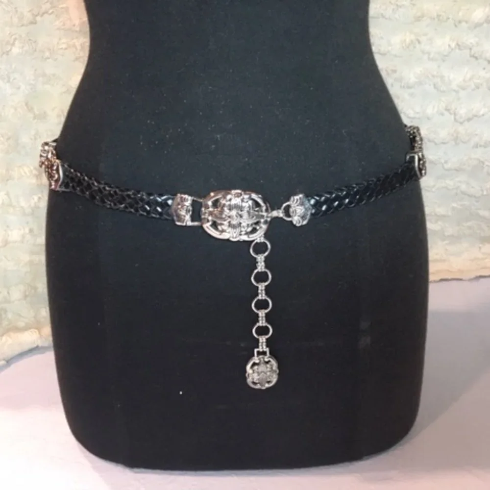 Braided Leather Navy w/ Floral Silver Toned Ornaments Belt Small